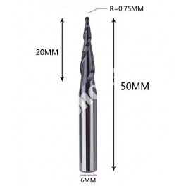 R0.75x20.0xD6x50L двозахідна конічна фреза кінчик півсфера